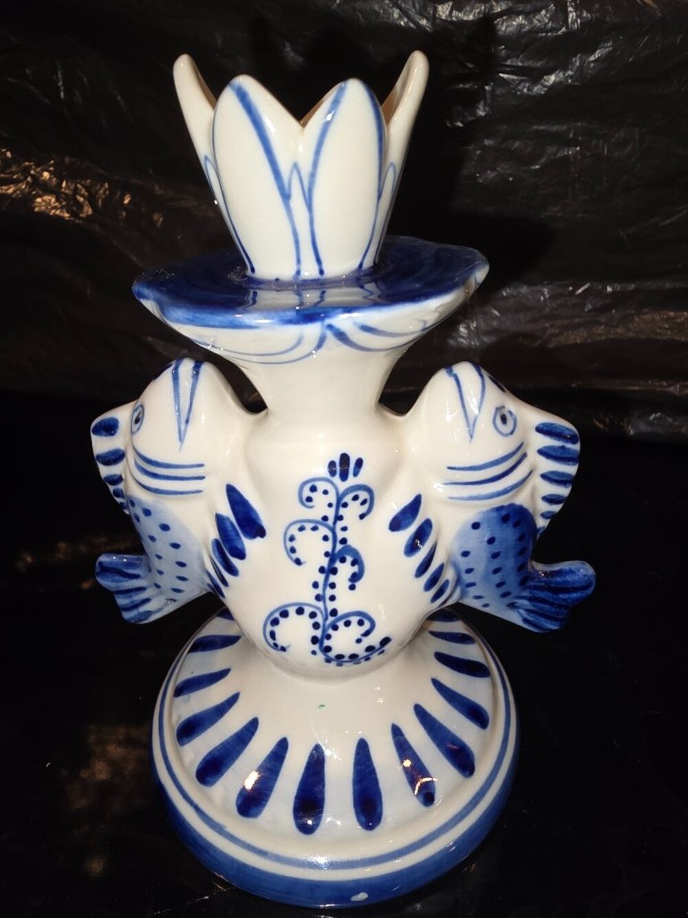 Candle Holder Gzhel Blue White Porcelain Fish Flower Russia Handmade 1960s